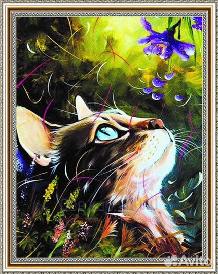 Алмазная мозаика 40x50 Голубоглазая кошечка и фиол