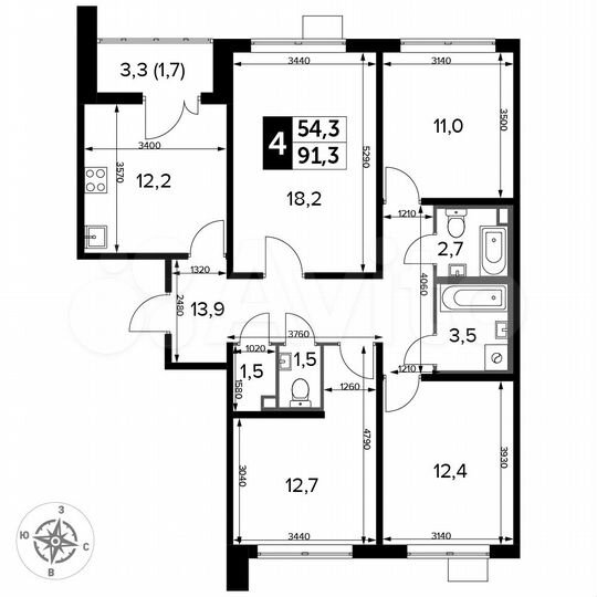4-к. квартира, 91,3 м², 23/25 эт.