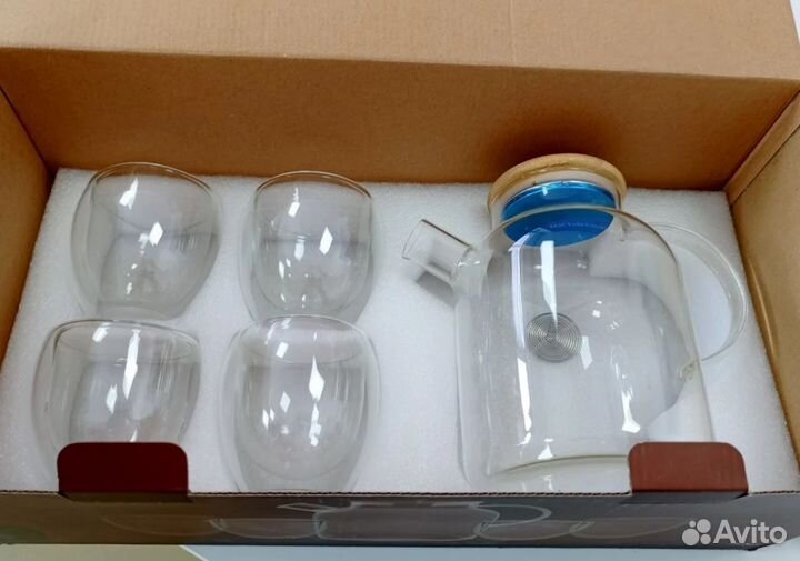 Чайник стеклянный, 1600 мл и 4 стакана по 250