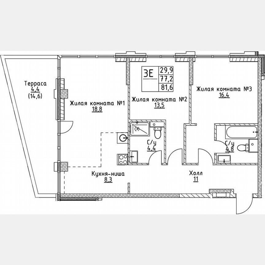 2-к. квартира, 77,2 м², 2/19 эт.