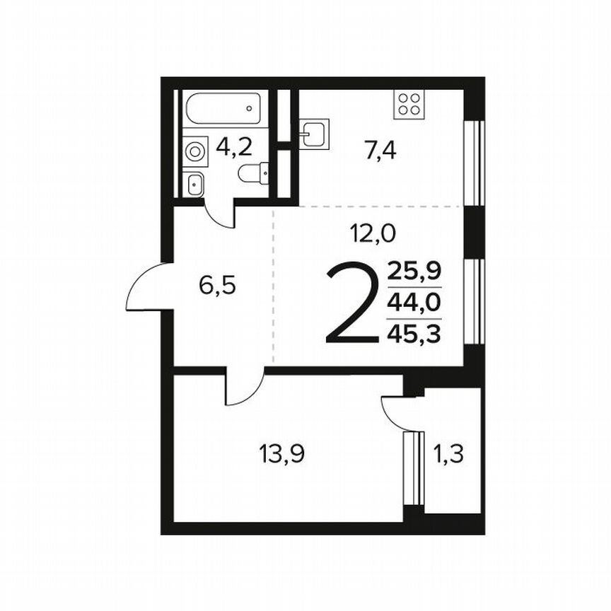 2-к. квартира, 45,3 м², 3/12 эт.