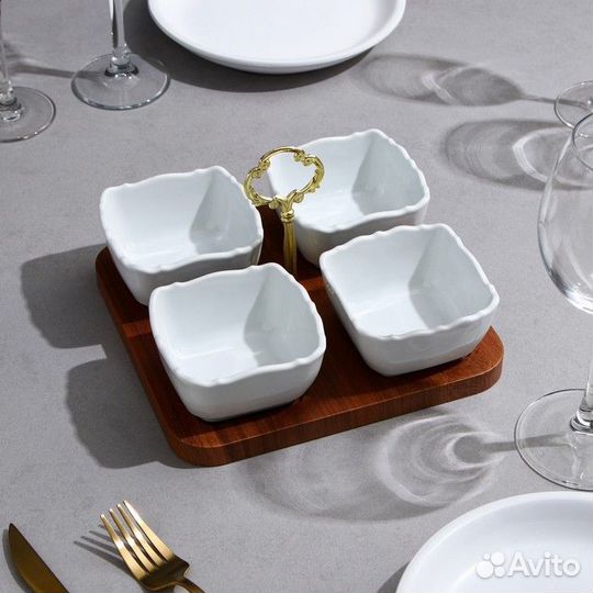 Менажница 'Капель', 4 шт 200 мл, деревянное основа