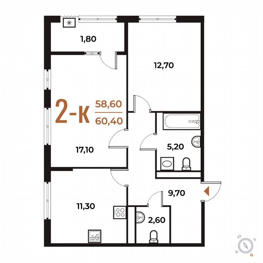 2-к. квартира, 60,4 м², 5/8 эт.