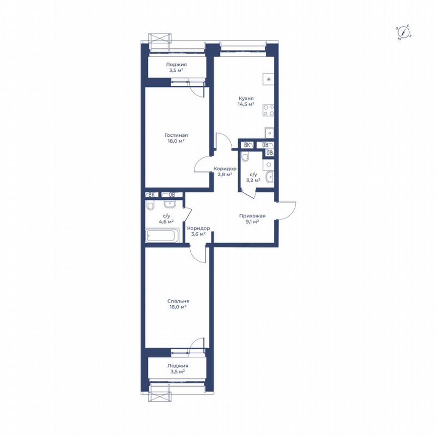 2-к. квартира, 77,4 м², 10/14 эт.