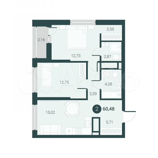 2-к. квартира, 60,5 м², 10/14 эт.
