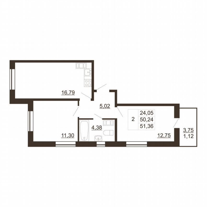 2-к. квартира, 51,4 м², 5/6 эт.