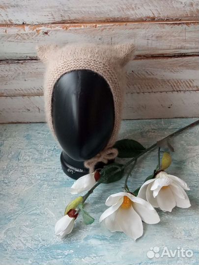 Шапка чепчик с ушками, чепчик с рожками, котошапка