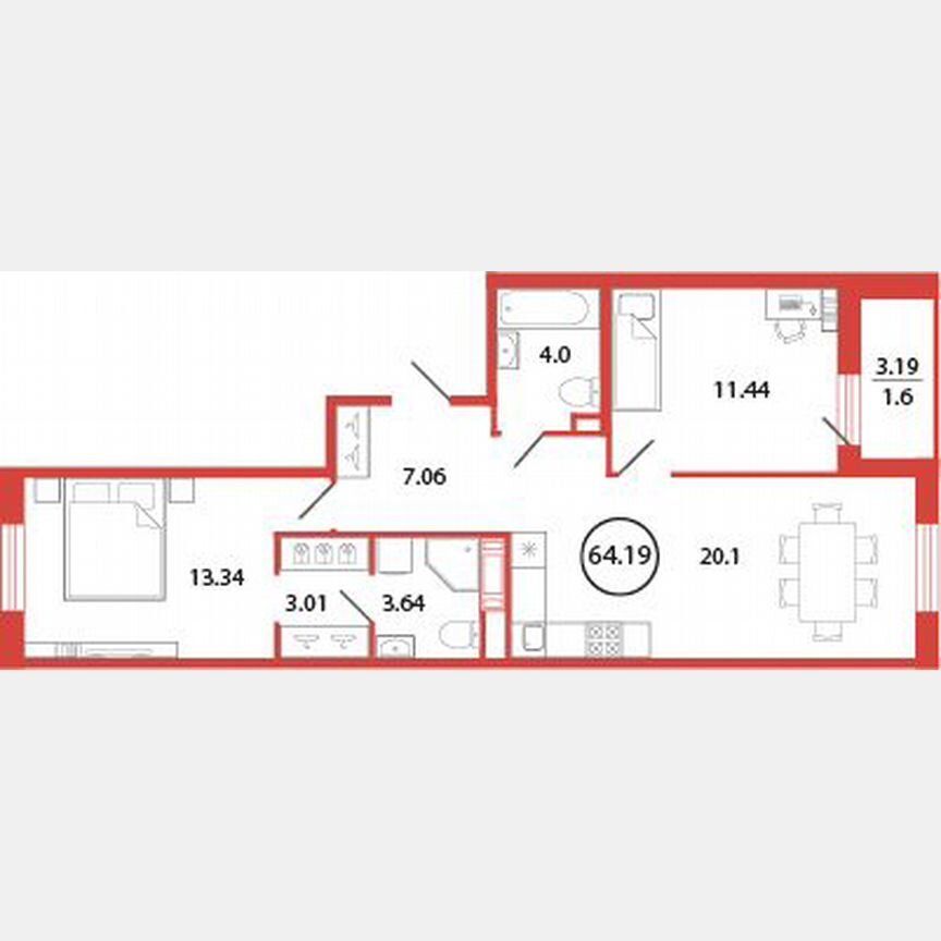 2-к. квартира, 64,2 м², 6/12 эт.