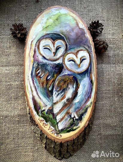 Картина маслом Совы на спиле дерева 35х16 см