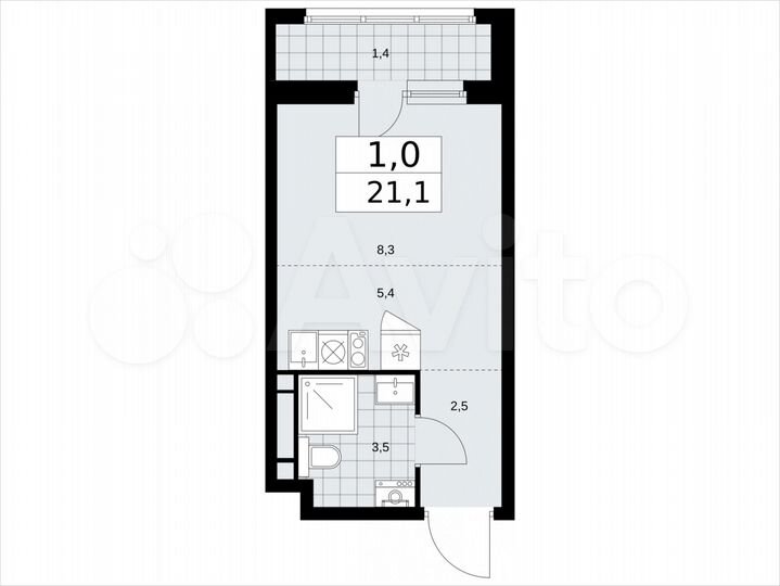 Квартира-студия, 21,1 м², 3/14 эт.