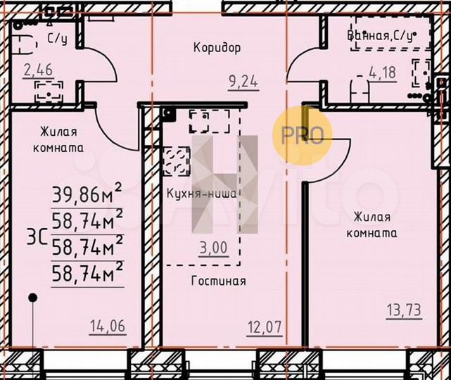 2-к. квартира, 59,2 м², 3/4 эт.