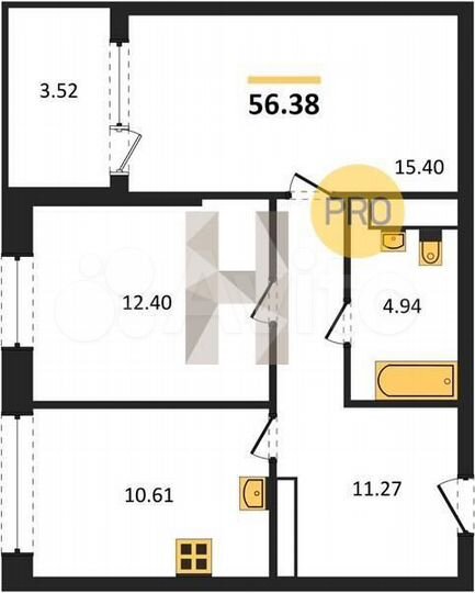 2-к. квартира, 56,4 м², 5/21 эт.