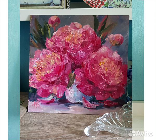 Картина букет цветов пионы маслом на холсте