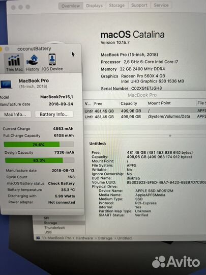 Apple MacBook Pro 15 2018 32гб 500гб 153 цикла