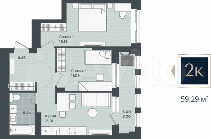 2-к. квартира, 59,3 м², 14/24 эт.