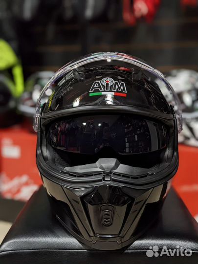 Мотошлем модуляр с очками AIM черный глянец новый