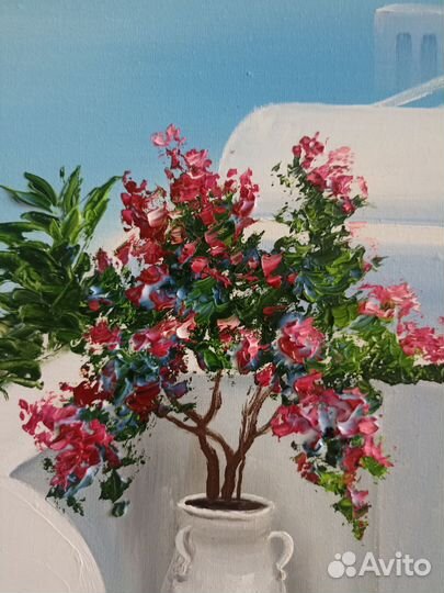 Картина авторская масло холст Санторини море отдых