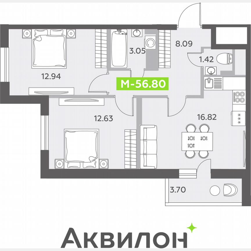 2-к. квартира, 56,8 м², 8/12 эт.