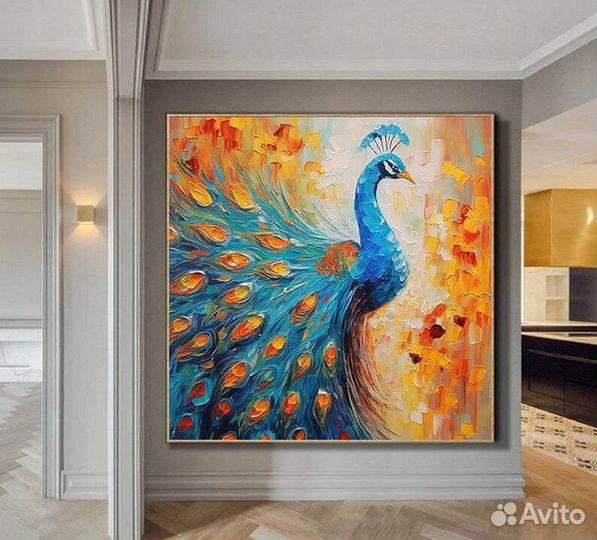 Текстурная картина маслом для интерьера Павлин