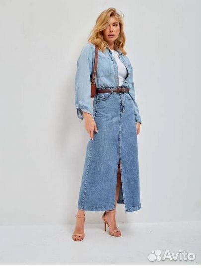 Юбка джинсовая модная с разрезом спереди 40-46