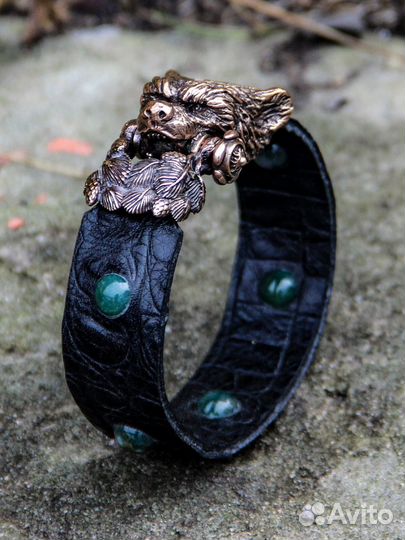 Кожаный мужской браслет с Медведем и агатом