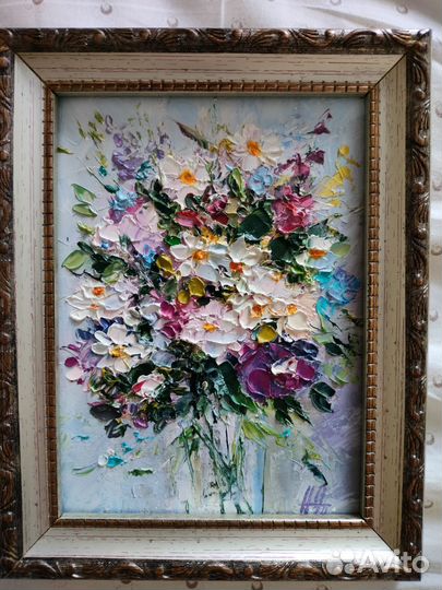Картина маслом букет ромашек. Полевые цветы маслом