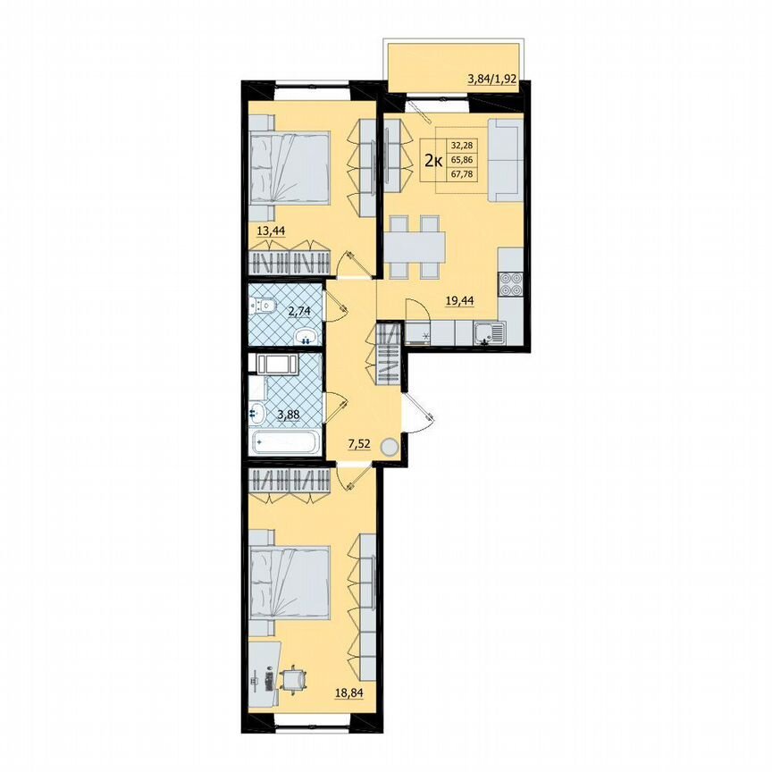 2-к. квартира, 67,8 м², 4/9 эт.