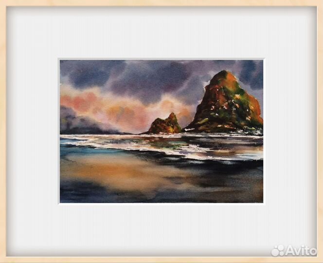 Фьорды на закате. Пейзаж, акварель