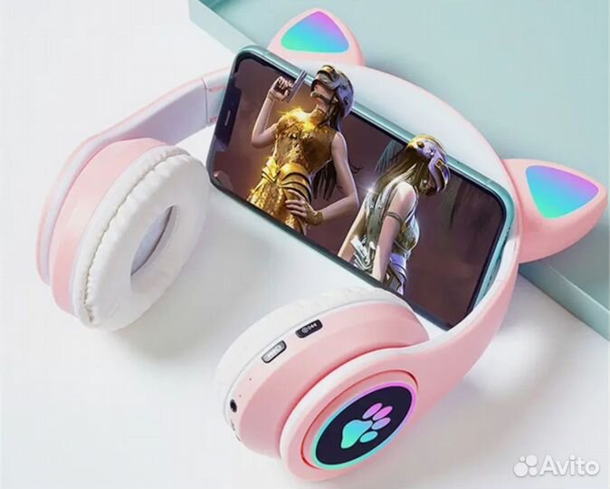 Беспроводные наушники светящиеся с ушками кошки