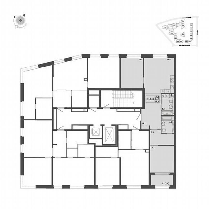 2-к. квартира, 86,8 м², 2/9 эт.