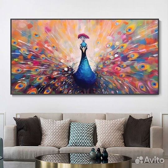 Картина маслом Яркие перья павлина