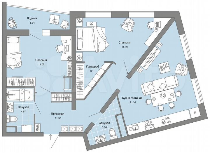 2-к. квартира, 75 м², 6/9 эт.