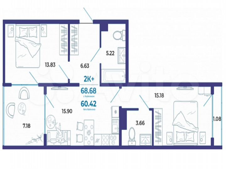 2-к. квартира, 68,7 м², 2/9 эт.