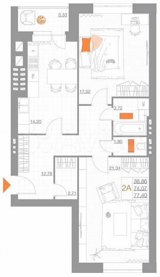 2-к. квартира, 77,4 м², 5/5 эт.