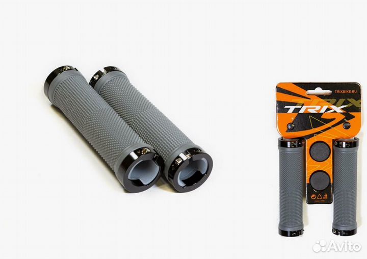 Грипсы trix, резиновые, 130мм, алюминиевые фиксаторы на руль черные - 4шт., с заглушками руля, серые
