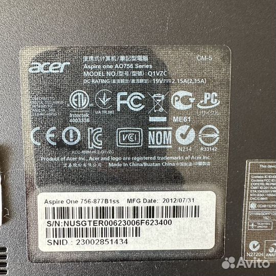 Ноутбук Acer Aspire One 756, Q1VZC