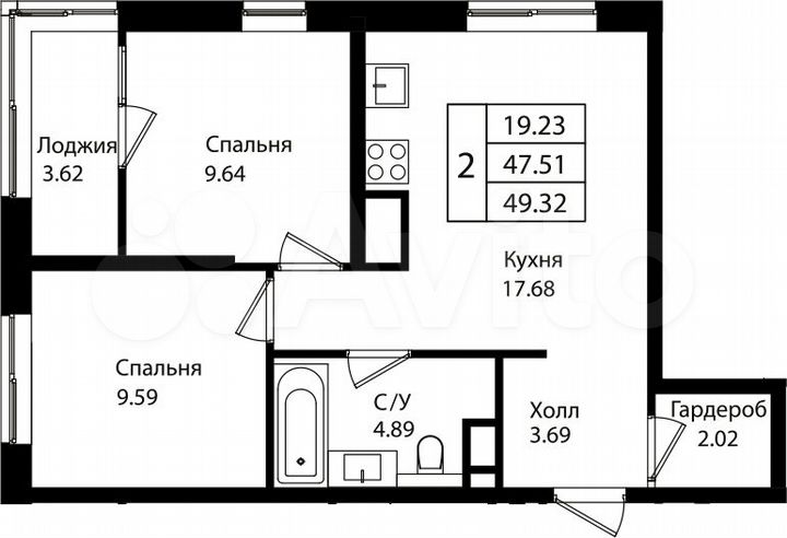 2-к. квартира, 47,5 м², 13/18 эт.