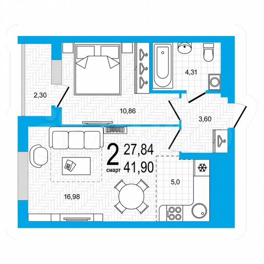 2-к. квартира, 41,9 м², 17/25 эт.