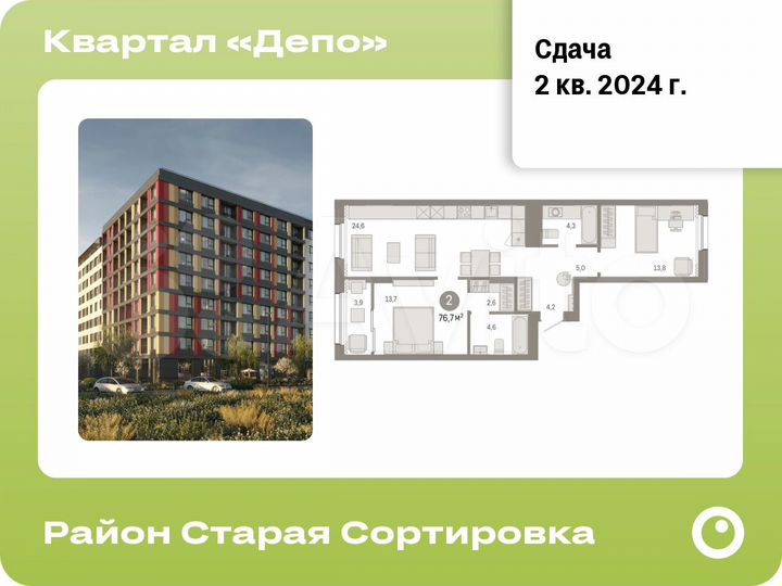 2-к. квартира, 76,7 м², 3/9 эт.