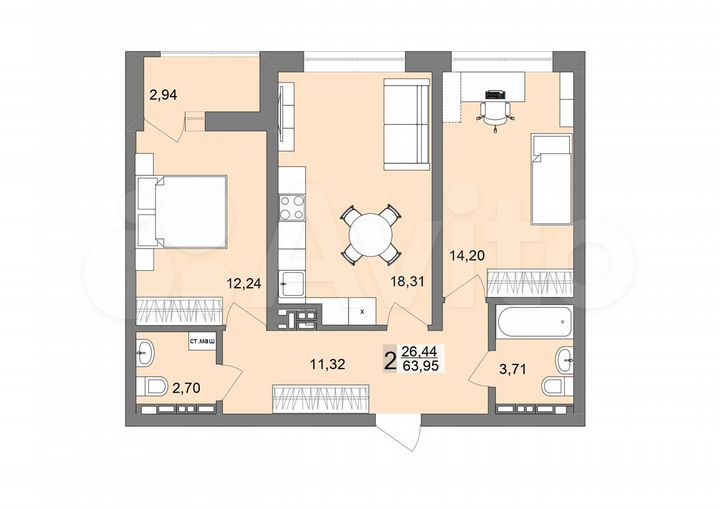 2-к. квартира, 63,6 м², 17/26 эт.