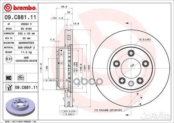 09.C881.11 диск тормозной передний правый Por