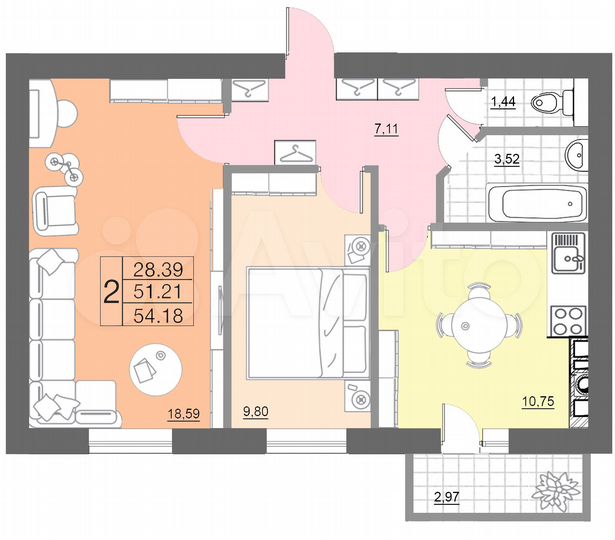 2-к. квартира, 54,2 м², 7/10 эт.