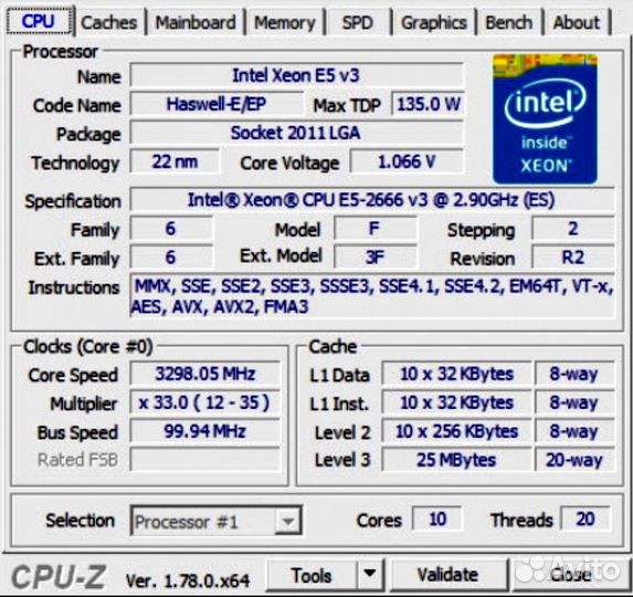 Intel Xeon e5 2666 v3 10 ядер/20 потоков