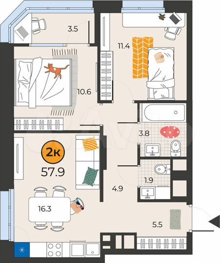 2-к. квартира, 57,5 м², 14/14 эт.