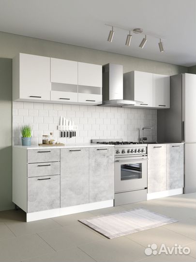 Кухонный Гарнитур Дуся (Белый бриллиант-Цемент) 2м