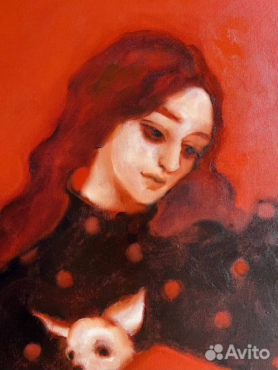 Картина маслом девушка и собакой терьер винтаж