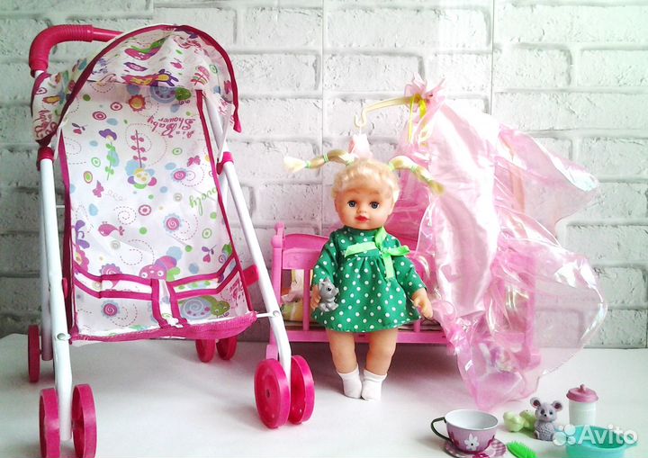 Кукла, коляска, кроватка+книжки пакетом