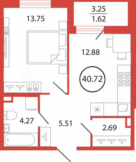 1-к. квартира, 40,7 м², 2/12 эт.