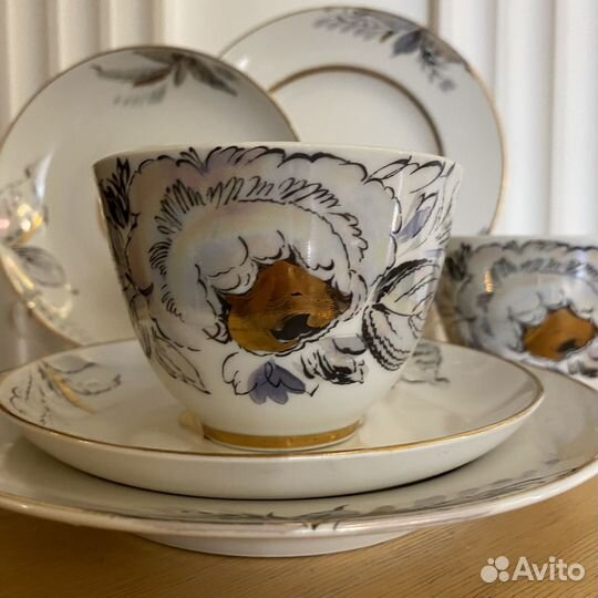 Чайные пары трио лфз СССР жемчужный