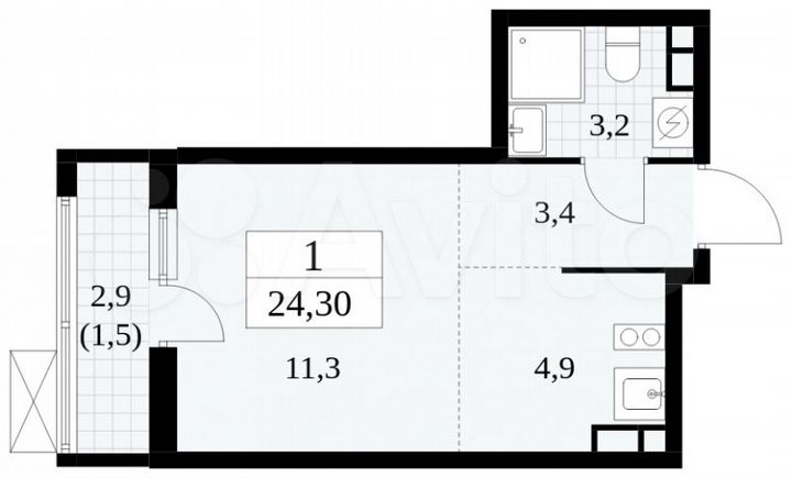 Квартира-студия, 24,3 м², 12/16 эт.